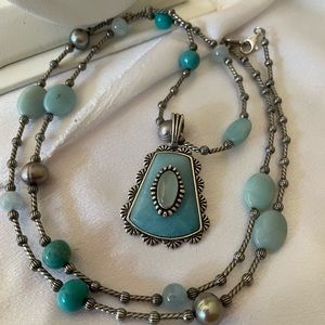 Vintage Carolyn Pollack 925 SS Jadeite Inlaid Larimar Pendant/Necklace
